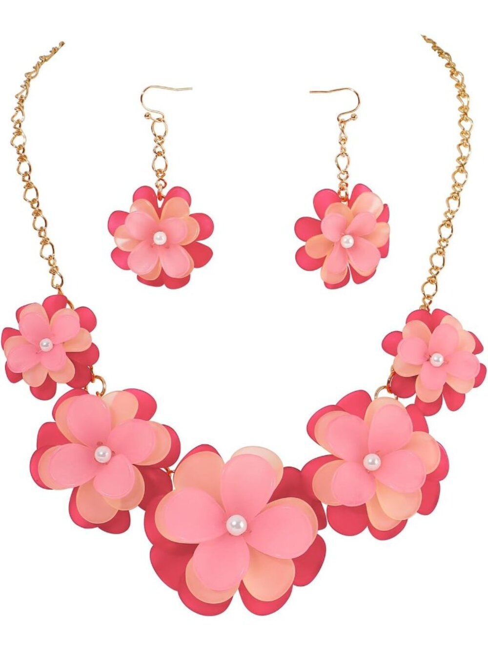 Women Light Pink Acrylic Flower Choker Necklace Earrings Set Boho Summer Jewelry